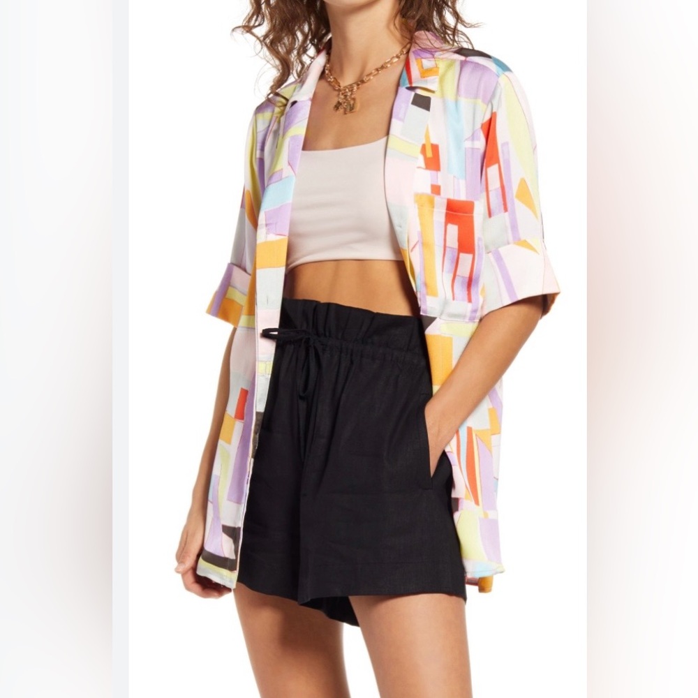 Open Edit Satin Camp Shirt Pink Abstract Geometric Button Down